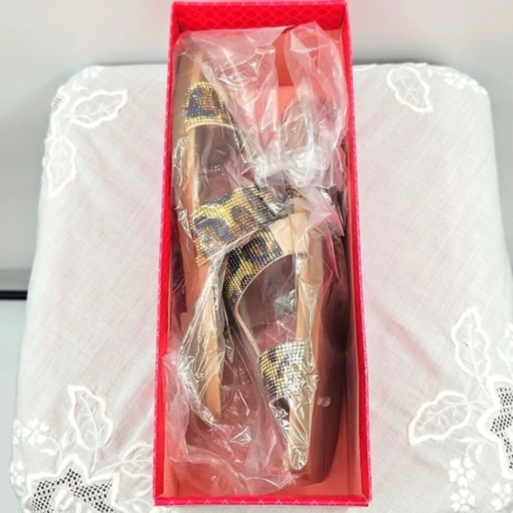 Kelly &‎ Katie Frillian Leopard Rhinestone Slide Sandals Tan Women's9M